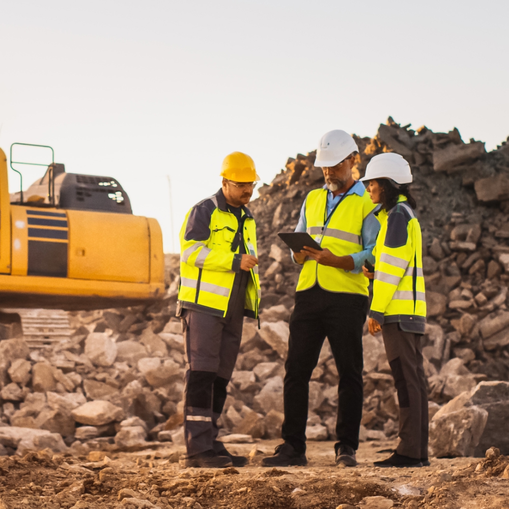 Construction team reviewing plans at worksite