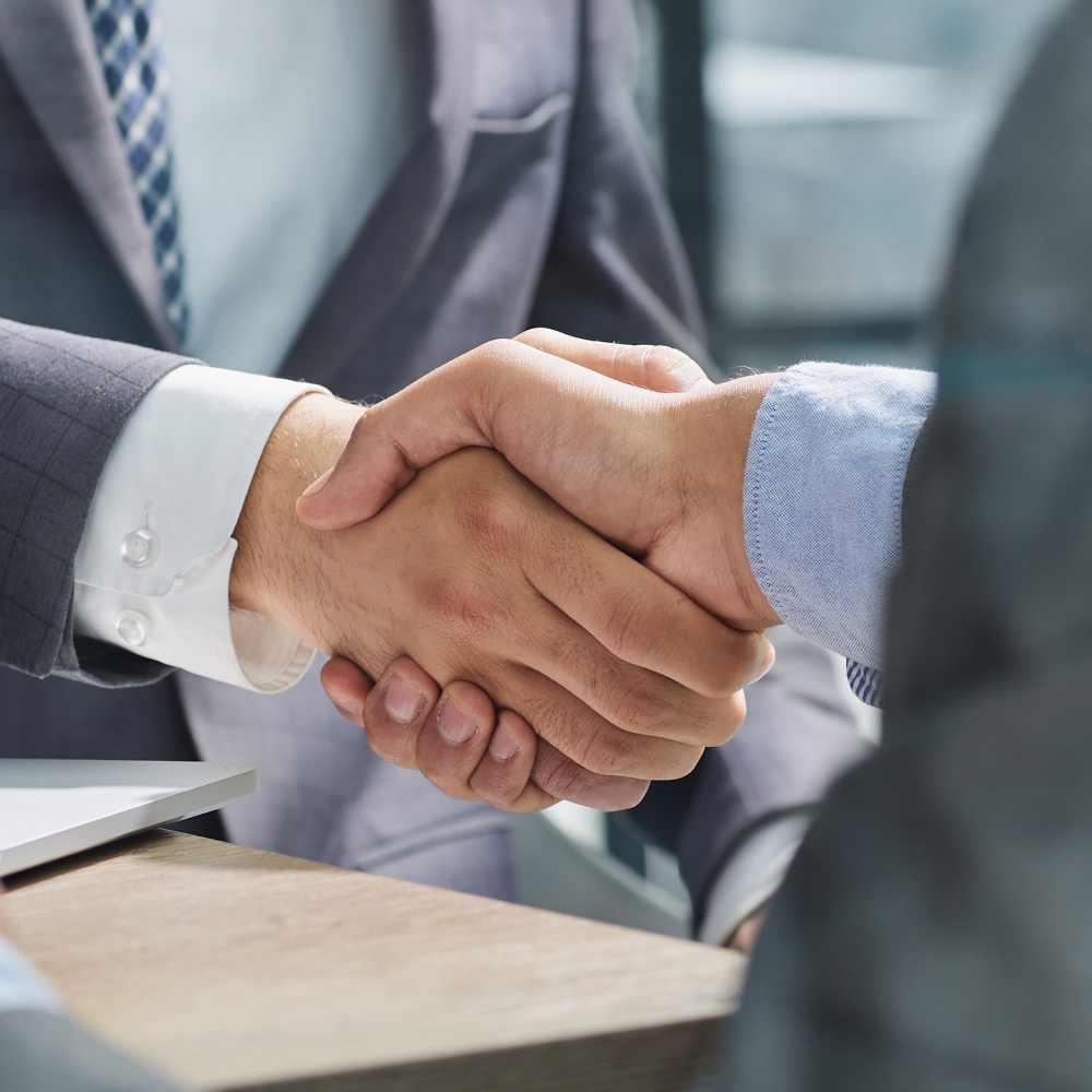 Business professionals shaking hands in formal attire